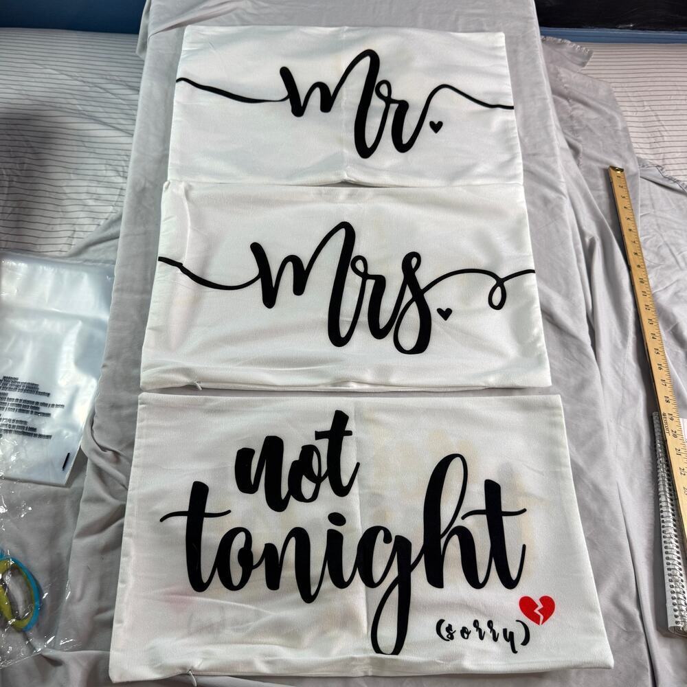 Set of 3 Decorative Pillow Covers Mr Mrs Tonight Not Tonight Zipper 19.5x12 NIP - Picture 2 of 6